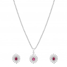 Silver Ruby Flower Necklace Set