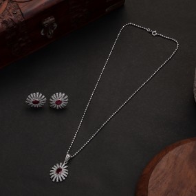 Silver Ruby Flower Necklace Set
