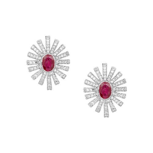 Silver Ruby Flower Zircon Earrings
