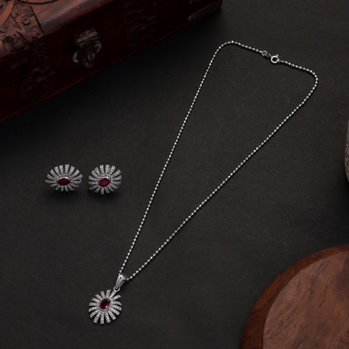 Silver Ruby Flower Necklace Set